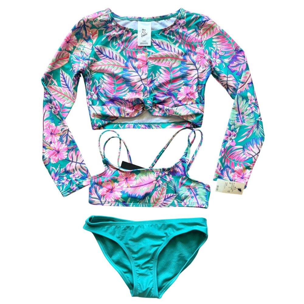 Art Class Tropical Hawaiian Palm Floral Rash Guard Bikini Bathing Suit 4/5 NWT